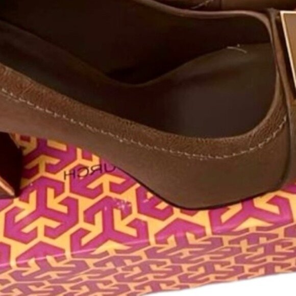 Tory Burch Peep Toe Quentin Landed Capra Fig Brown Leather Heels Size 8.5 - Picture 7 of 12